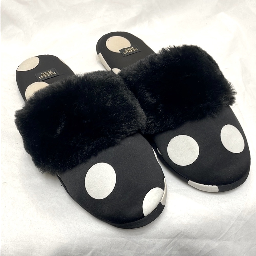 Victoria's Secret Satin & Soft Faux Fur Black & White Sexy Polka Dot Slippers, S